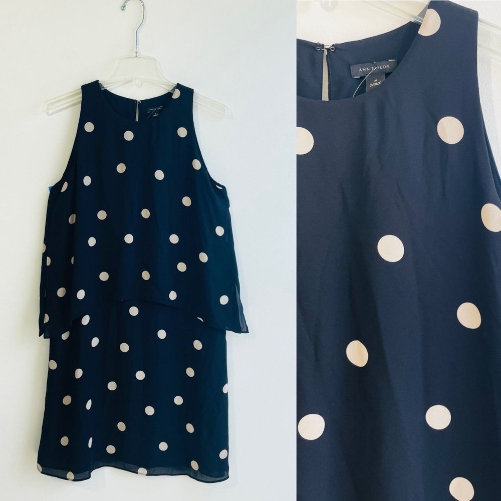 Ann Taylor Women's Dress Medium Black Polkadot Tank Chiffon Mini Shift New